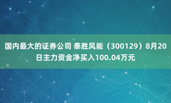 国内最大的证券公司 泰胜风能（300129）8月20日主力资金净买入100.04万元